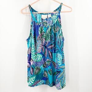 Cynthia Rowley Tank Top Size Large 100% Linen Tropical Leaf Print Summer Halter